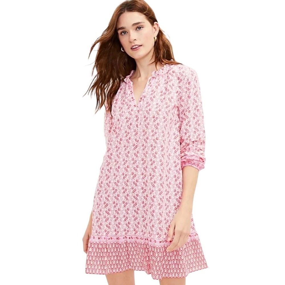 LOFT Border Tie Neck Swing Dress Pink Floral Print Long Sleeve Ruffle Hem Small
